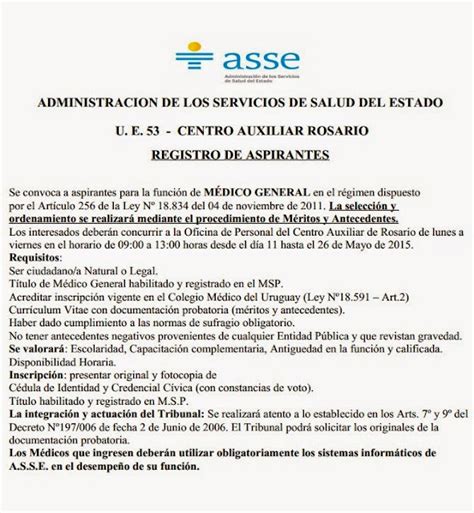 LLAMADO ASSE MÉDICO GENERAL PARA COLONIA MAYO 2015