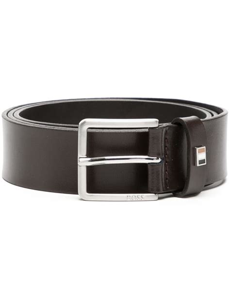 Boss Logo Engraved Leather Buckle Belt Brown Farfetch