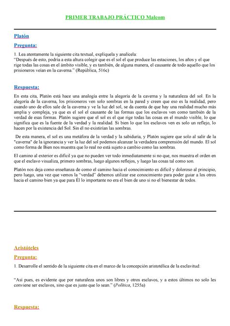 Primer TP Malcom 1 TP Platon y Aristoteles PRIMER TRABAJO PRÁCTICO