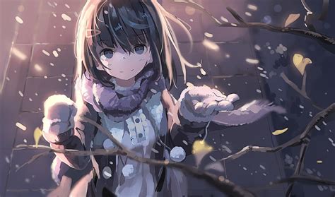 HD wallpaper: anime girl, winter, snow, tree, wind, short hair, scarf ...