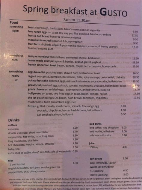 Menu at Gusto Food restaurant, South Perth