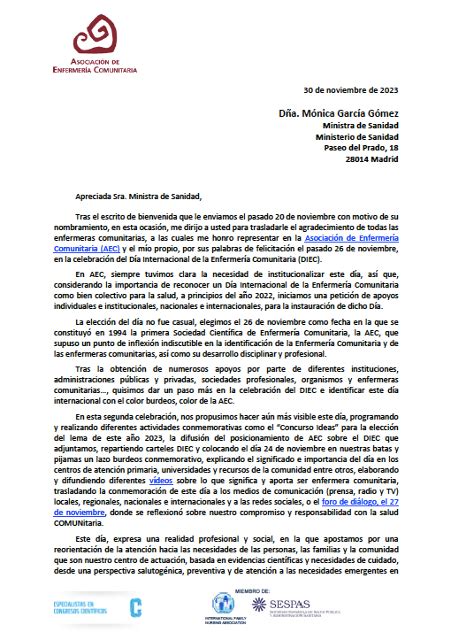 Carta De Agradecimiento A D A M Nica Garc A G Mez Ministra De Sanidad