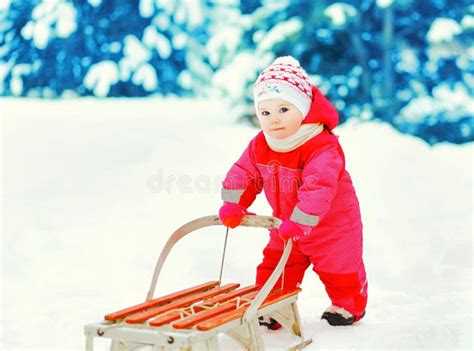 Sled and Snow Fun for Kids. Baby Sledding in Winter Park. Stock Photo ...