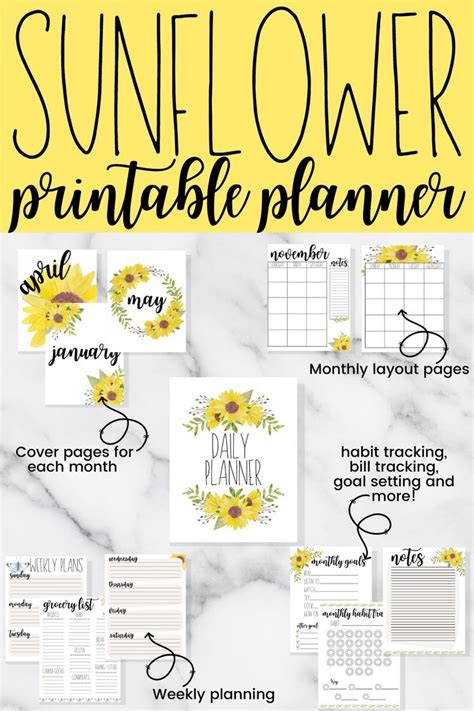 The Sunflower Printable Planner Is Shown On A Marble Background With