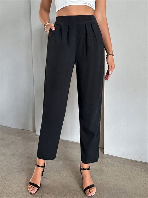 SHEIN Essnce Solid Slant Pocket Fold Pleated Detail Pants SHEIN USA