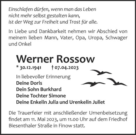 Traueranzeigen von Werner Rossow Märkische Onlinezeitung Trauerportal