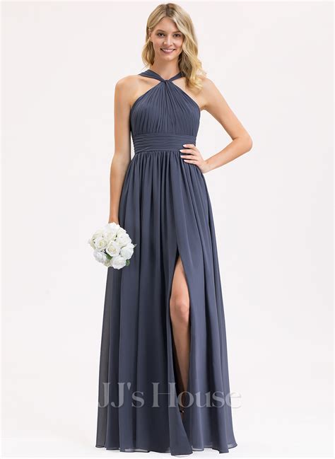 A Line V Neck Floor Length Chiffon Bridesmaid Dress With Ruffle Split