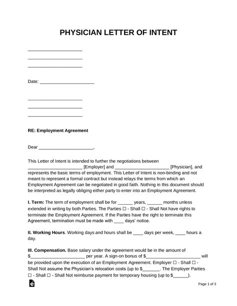 Free Physician Letter Of Intent Template Pdf Word Eforms