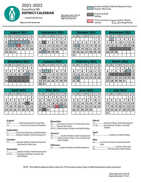 Round Rock Independent School District Calendar 2021-2022