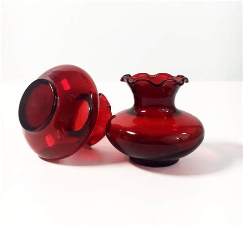 Vintage Anchor Hocking Red Ruffle Edge Glass Vases Set Of 2 Pair Of Retro Mid Century Bright