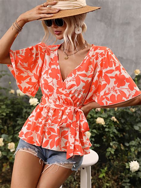 Shein Vcay Blusa Peplum Con Estampado Floral De Manga Mariposa Con Nudo