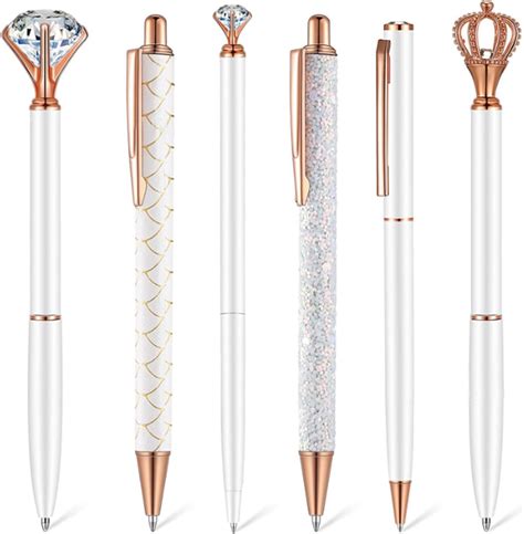 Flunyina White Ballpoint Pens 6Pcs Metal Diamond Fancy Pens Liquid