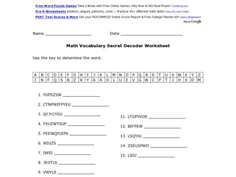 Math Vocabulary Secret Decoder Worksheet Worksheet For 3rd 6th Grade