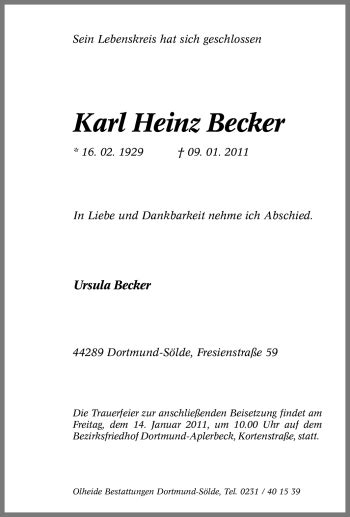 Traueranzeigen Von Karl Heinz Becker Trauer In Nrwde