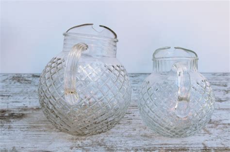 Vintage Anchor Hocking Clear Glass Pitchers Large Small Ball Pitcher