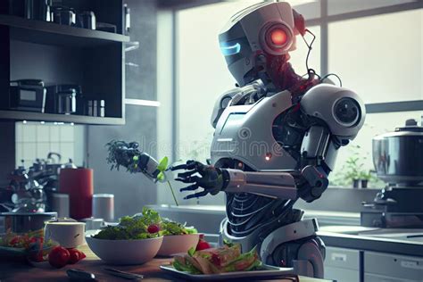 Robot Chef Cooking In Kitchen Of Future Home Genius Smart Robot