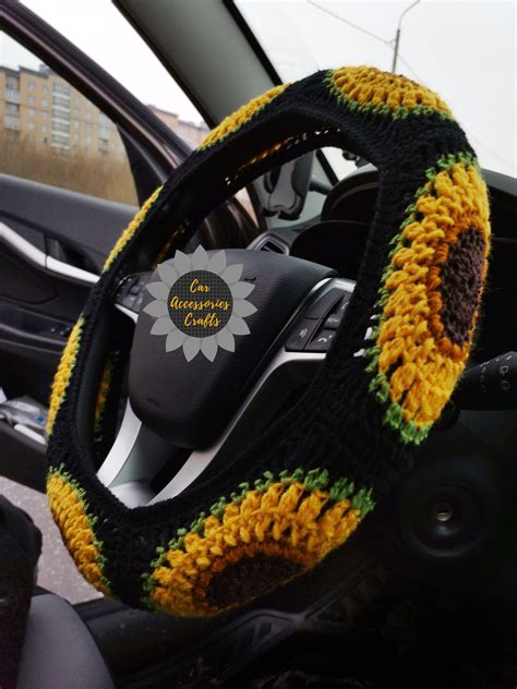 Sunflower Steering Wheel Cover Crochet Flower Steering Wheel Etsy