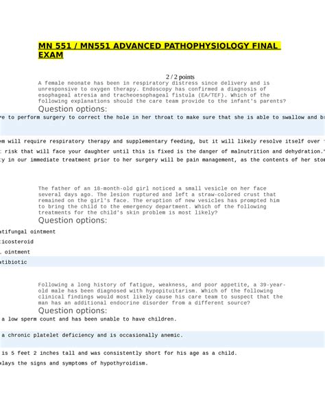 Mn Advanced Pathophysiology Final Exam Mn Mn Advanced