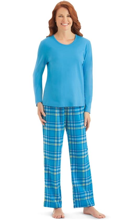 Womens Flannel Plaid Pajama Set Large Blue