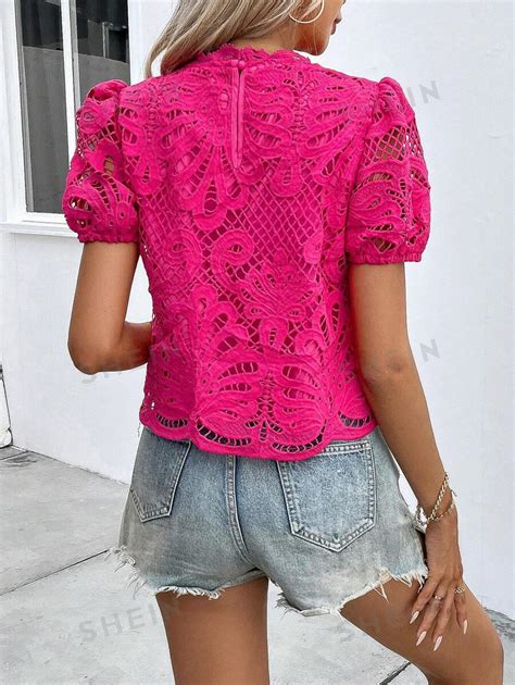 SHEIN Frenchy Guipure Lace Puff Sleeve Scallop Trim Blouse SHEIN UK