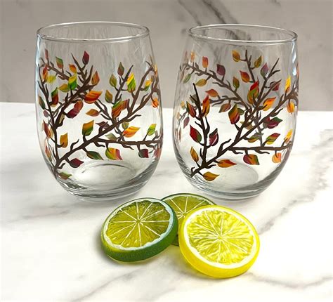 Stemless Wine Glass Fall Leaves Hand Painted Etsy