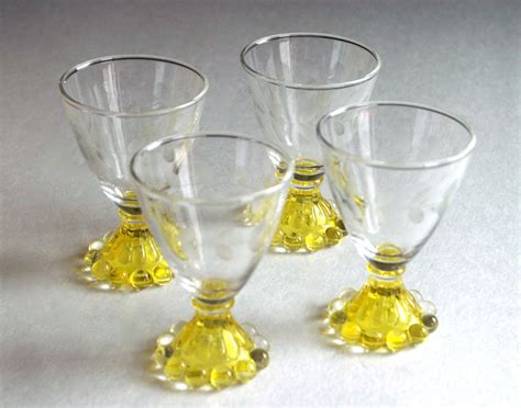 Vintage Cordial Glasses With Etched Rim And Yellow Pedestal Hobnail Base 20 00 Via Etsy