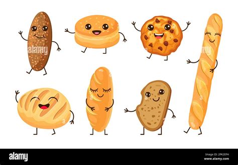 Cute Bread Cartoon Characters Vector Illustrations Set Stock Vector