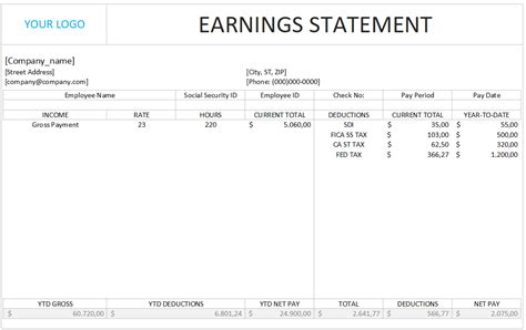 Pay stub template excel - Exsheets