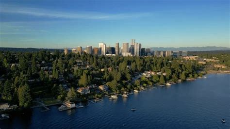 Aerial Downtown Bellevue Skyline Close Sunset Stock Footage Video (100% ...