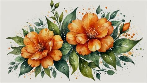 Premium Photo Watercolor Composition Of Orange Flowers And Drops