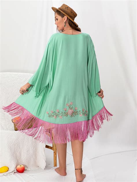 Rusttydustty Plus Floral Embroidery Fringe Trim Drop Shoulder Kimono