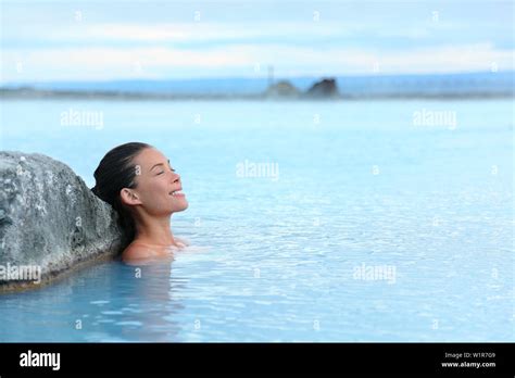 Geothermal Spa Woman Relaxing In Hot Spring Pool On Iceland Girl