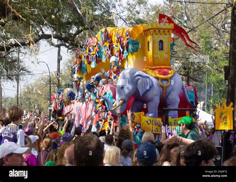 Castle Float With Elephant In The Rex Parade On Mardi Gras Day In New