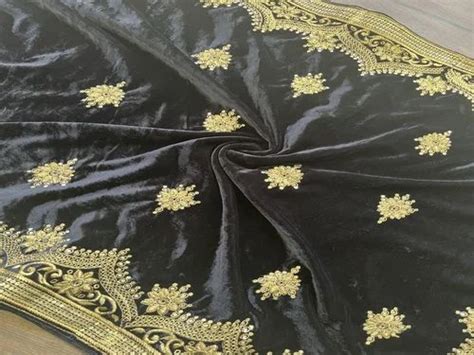 Precut Meters Black Embroidered Velvet Fabric At Rs