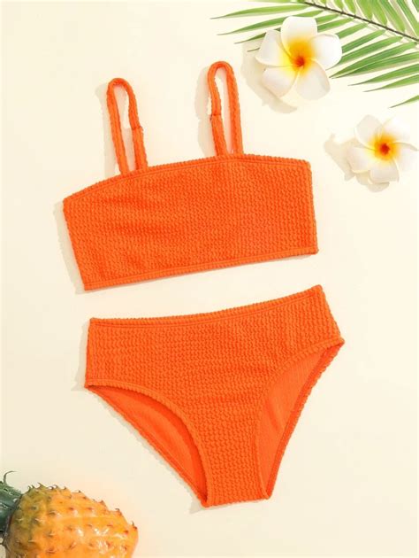 SHEIN Conjunto de bikini plisado liso para niña pequeña playa de