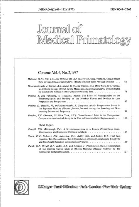 Volume 6 Issue 2 Journal Of Medical Primatology Karger Publishers