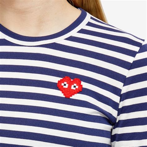 Comme Des Garçons Play Invader Heart Stripe Long Sleeve T Shirt Navy And White End Gb