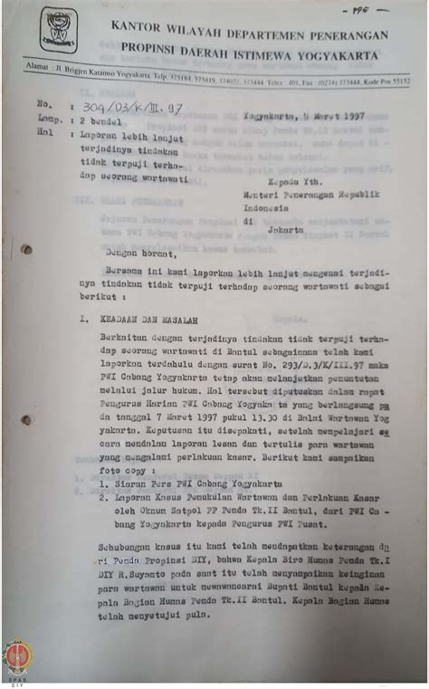 Surat Dari Kepala Kantor Wilayah Departemen Penerangan Daerah Istimewa