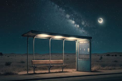 Una Fermata Dell Autobus Deserta Con La Luna E Le Stelle Che Brillano