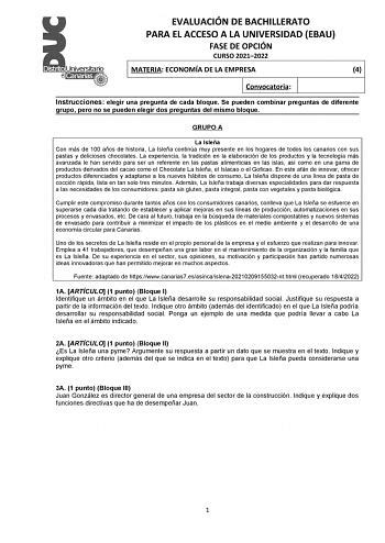 Examen de Economía de la Empresa de Canarias EBAU de 2022