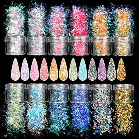 Allstarry 12 Colors Mermaid Nail Chunky Glitter Ultra Thin Fluorescent Glass Paper Irregular