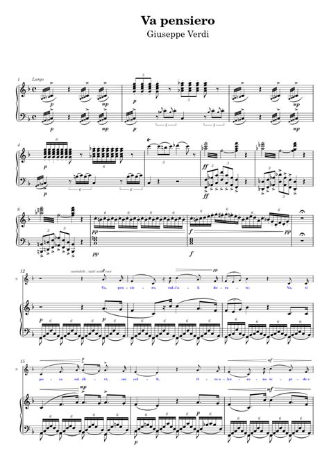 Va Pensiero Giuseppe Verdi In Fa Sheet Music For Piano Soprano