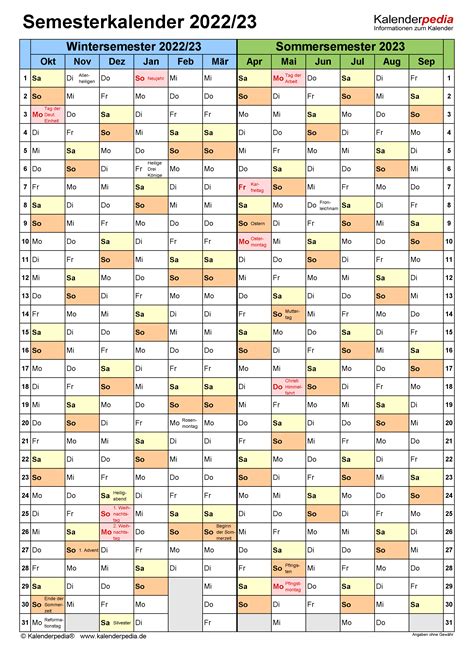 Semesterkalender 202223 Für Pdf Zum Ausdrucken