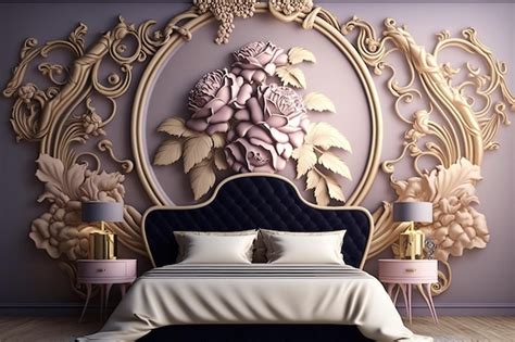 Premium AI Image | A bedroom with a large floral wall mural.