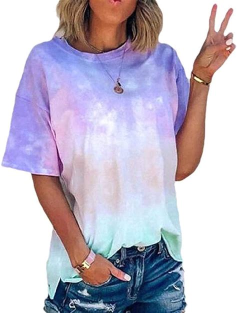 Lulupi T Shirt Damen Bunt Batik Shirt Rundhals Kurzarm Bluse Oberteil