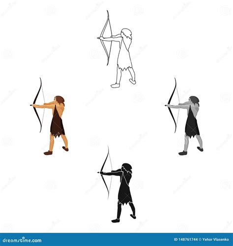 Caveman with Bow and Arrow Icon in Cartoon,black Style Isolated on White Background. Stone Age ...