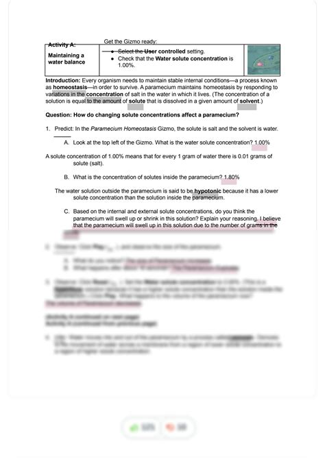 SOLUTION Copy Of Paramecium Homeostasis SE Answer Key Studypool