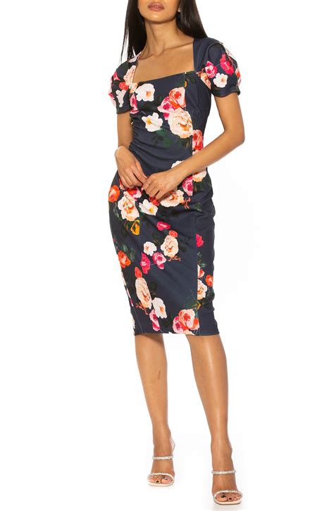 Alexia Admor Isla Portrait Puff Sleeve Midi Dress In Navy Multi At