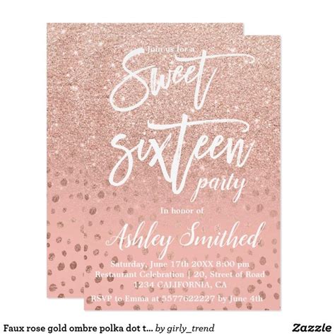 Faux Rose Gold Ombre Polka Dot Typography Sweet 16 Invitation Zazzle