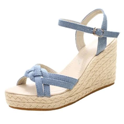 Summer Women Platform Sandals Open Toe Wedge Denim Shoe Ladies Straw